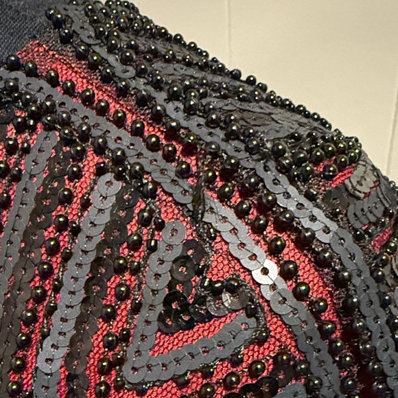 Showgirl Sequin Beaded Fringe Formal Chic Black and Red Mini Dress - Picture 5 of 8